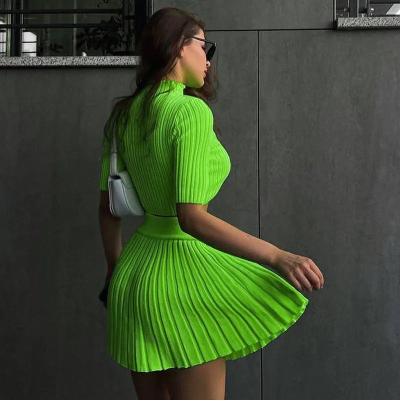 Elegant Knitted Dress Pleated Matching Outfits for Women Winter Mini Skirts 2 Piece Sets - The Clothing Company Sydney
