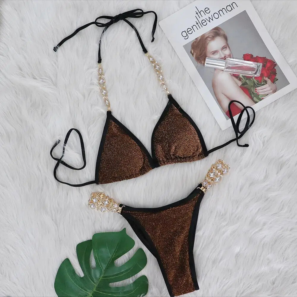 2 Piece Rhinestone Swimsuit Crystal Thong String Bikini Set Swimwear Beach Wear Bathing Suit - The Clothing Company Sydney