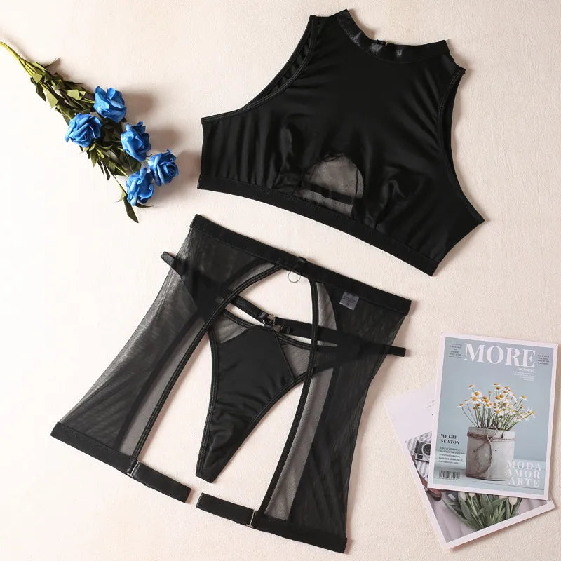 Lingerie Set Woman 3 Piece Vest Top Seamless Underwear Garter Belt Set Thong Black Intimate Exotic Set - The Clothing Company Sydney