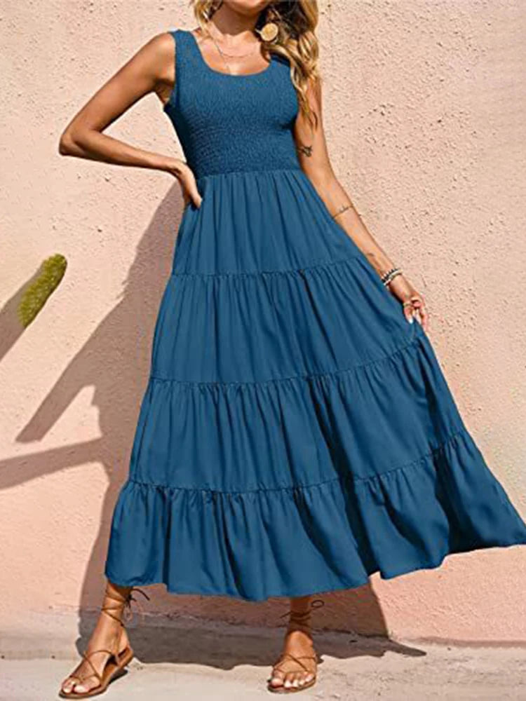 Elegant Sleeveless Floral Solid Color Long Dress Fashion Elastic Waist Beach Party Dress - The Clothing Company Sydney