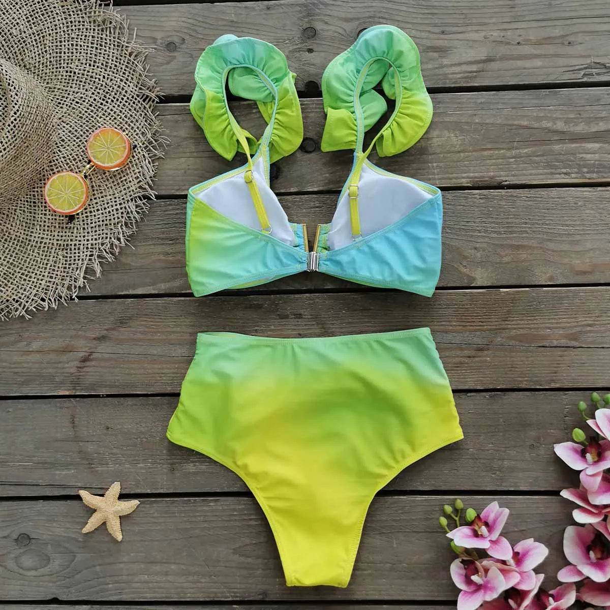V-Neck High Waist Bikini Sets Shoulder Ruffled Printed Swimsuit Two Piece Swimwear Bathing Suits The Clothing Company Sydney