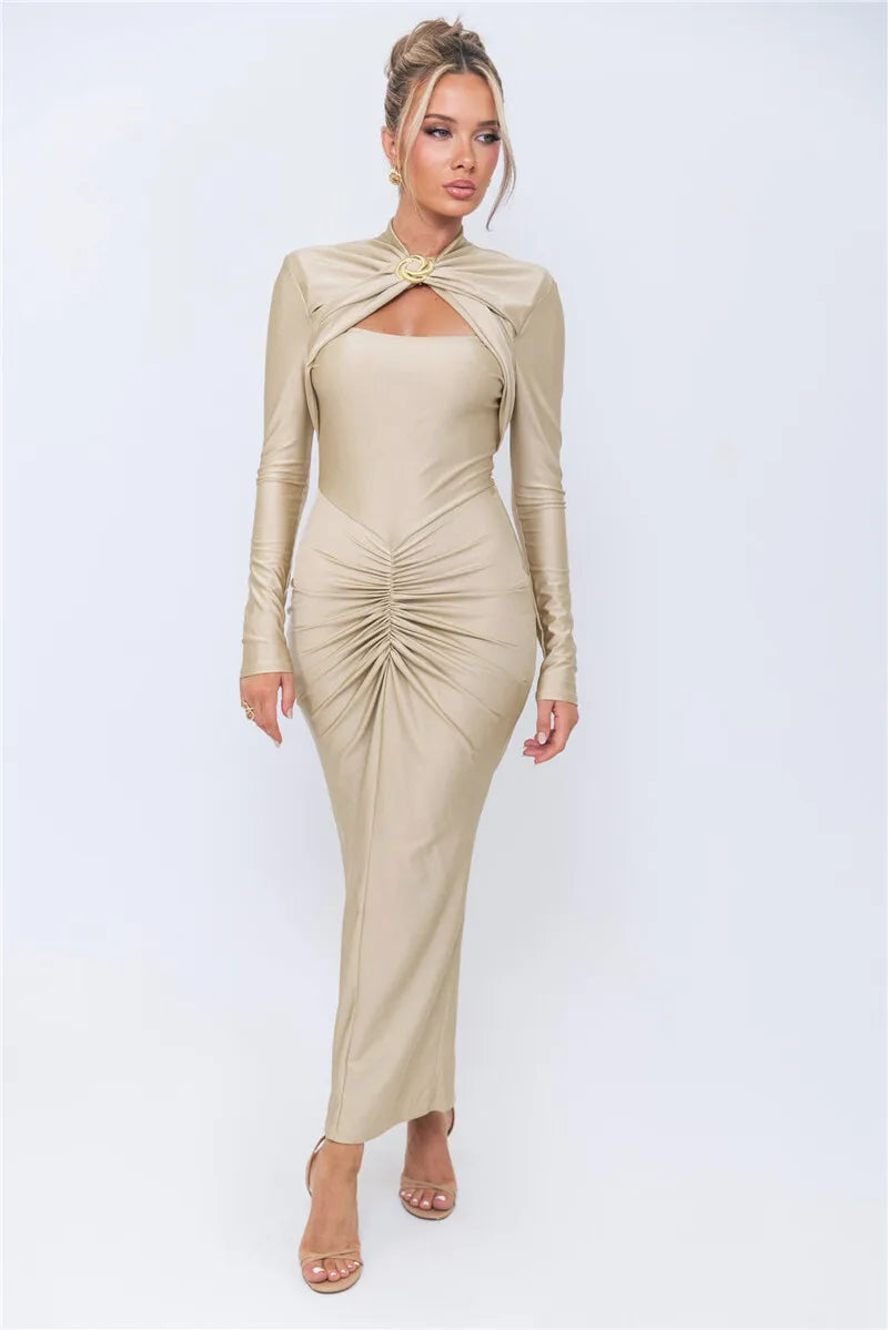 Hollow Out Long Sleeve Maxi Dress Gown Autumn Winter New Metal Buckle Ruched Slit Long Elegant Dress - The Clothing Company Sydney