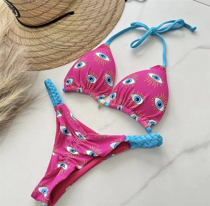 Women's Bikini Roped Swimsuit Set Split European And American Printed Beach Swimwear - The Clothing Company Sydney