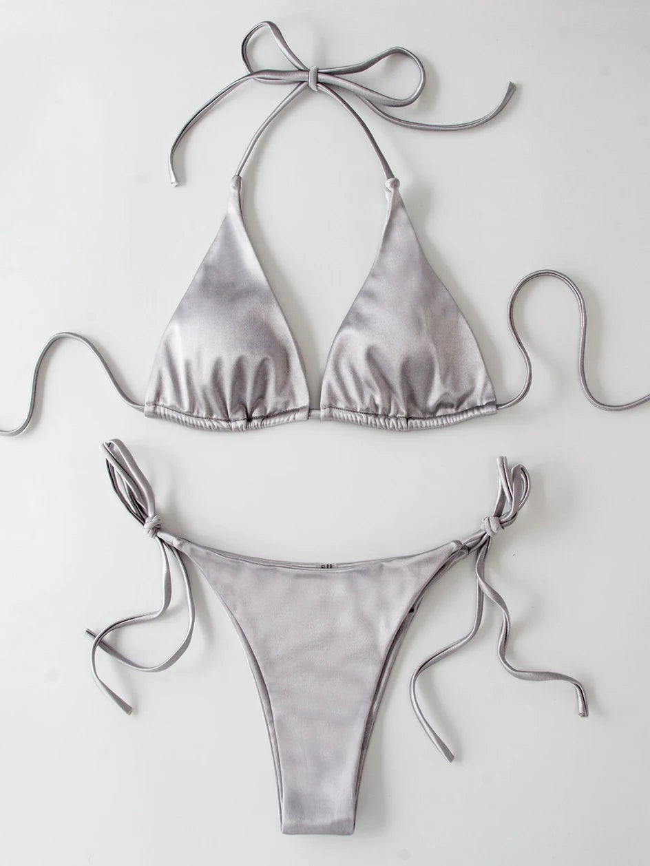 Metallic Halter Triangle Swimsuit Women Swimwear Bathing Suits Brazilian Thong Micro Bikinis Set Beach Wear - The Clothing Company Sydney