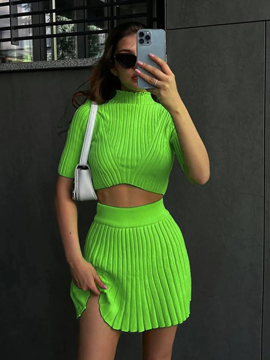 Elegant Knitted Dress Pleated Matching Outfits for Women Winter Mini Skirts 2 Piece Sets - The Clothing Company Sydney