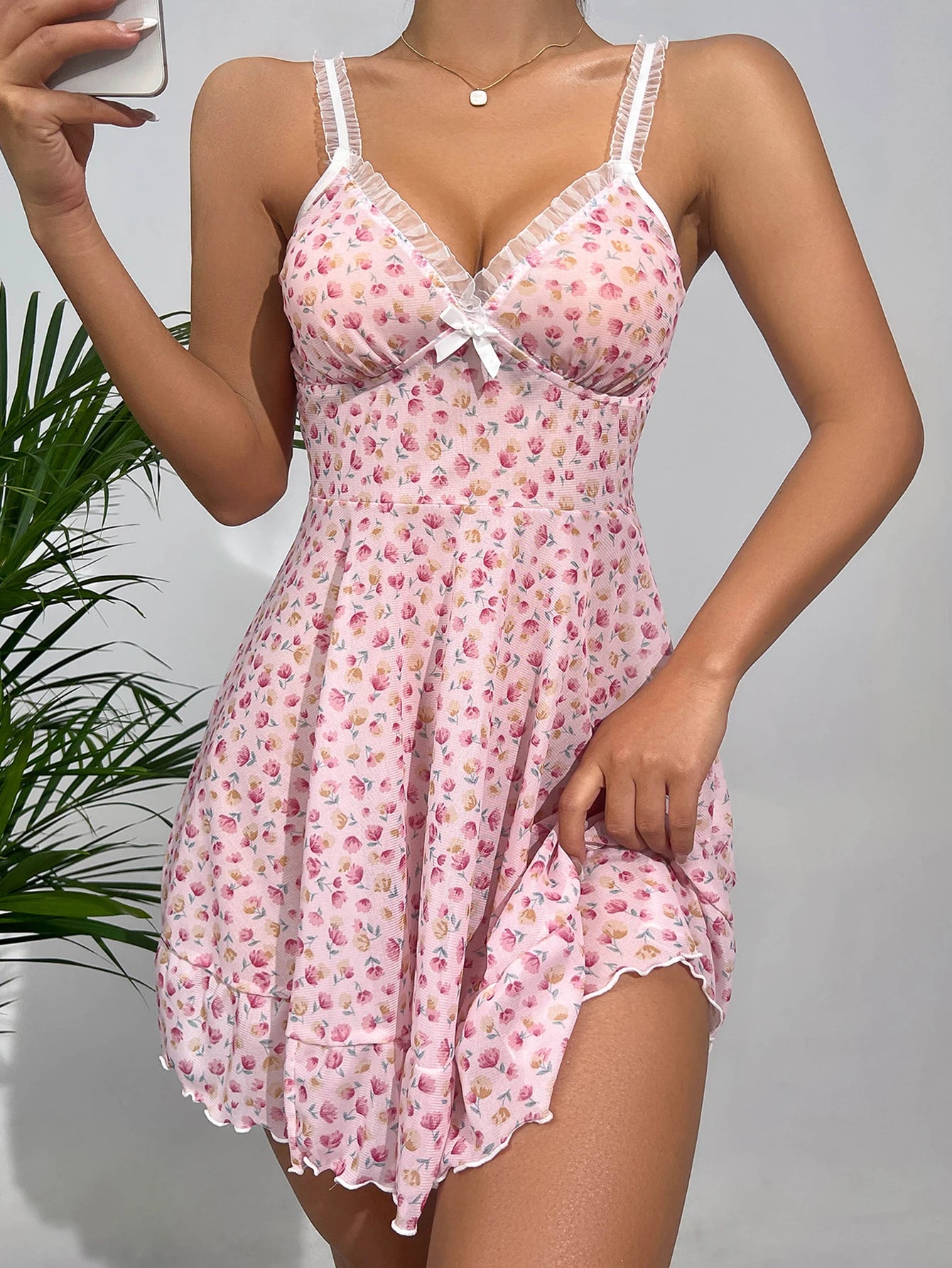 Summer Pink Dress Floral Printed Lace for Women Home V-neck with Strap Camisole Nightdress - The Clothing Company Sydney