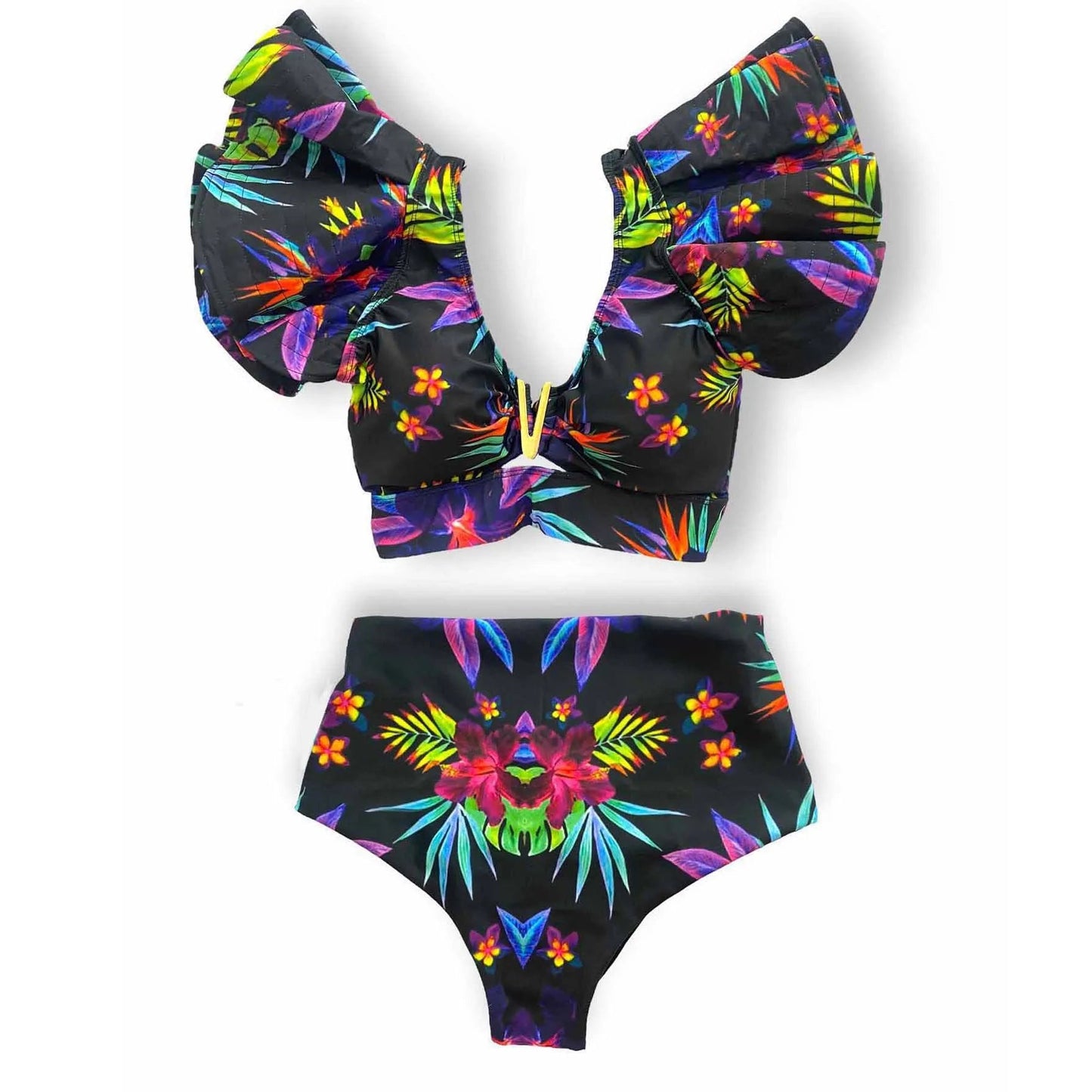 V-Neck High Waist Bikini Sets Shoulder Ruffled Printed Swimsuit Two Piece Swimwear Bathing Suits The Clothing Company Sydney