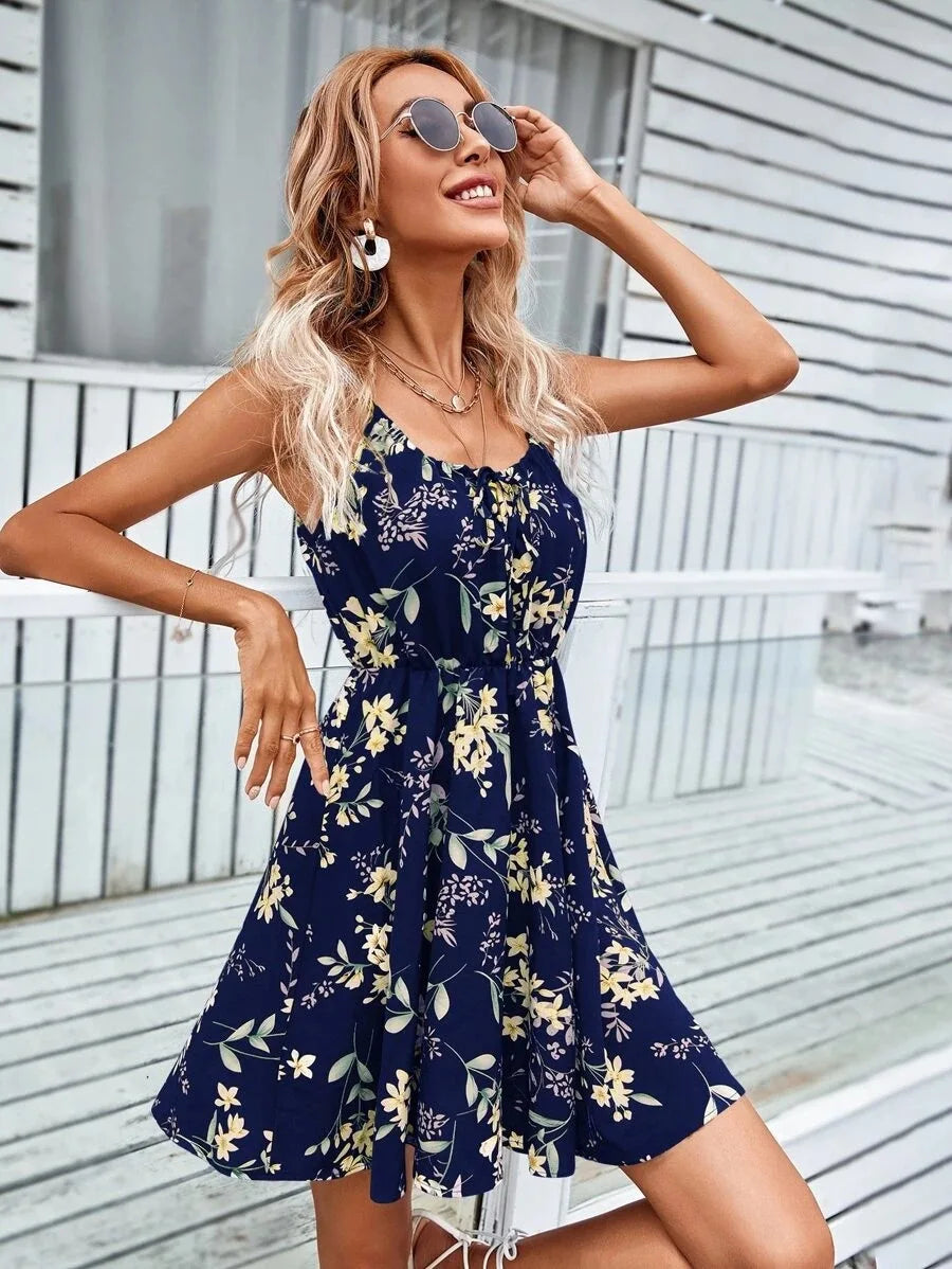 Floral Print Short Dress Women Summer Backless Beach Sundress Casual Sleeveless Lace-up Dresses - The Clothing Company Sydney