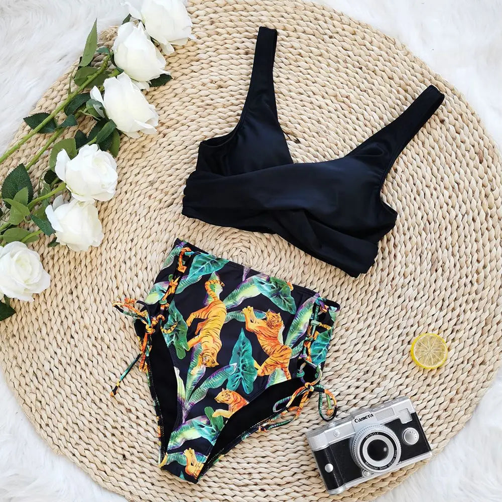 Floral Print V Neck Bikini Sets Tie Back Tie Side Cut Out High Waist High Cut Two Piece Swimsuit Women's Swimwear The Clothing Company Sydney
