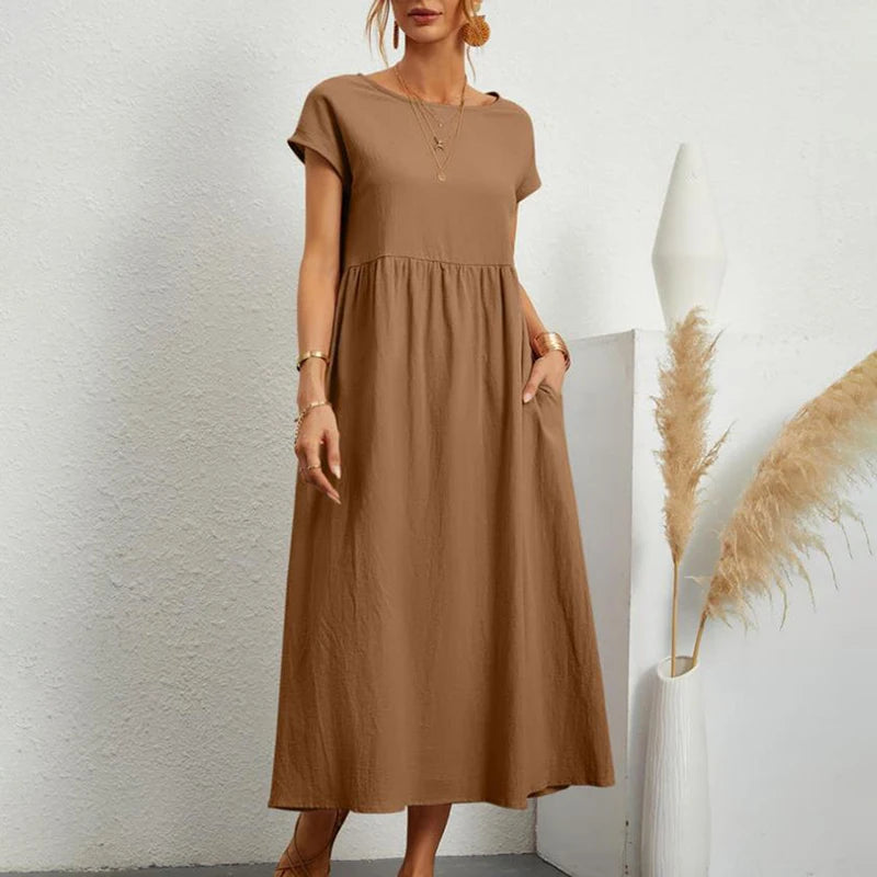 Women's Elegant Dress Summer Short Sleeve O-Neck Vintage Cotton Linen Comfortable Loose Pocket Long Dress - The Clothing Company Sydney
