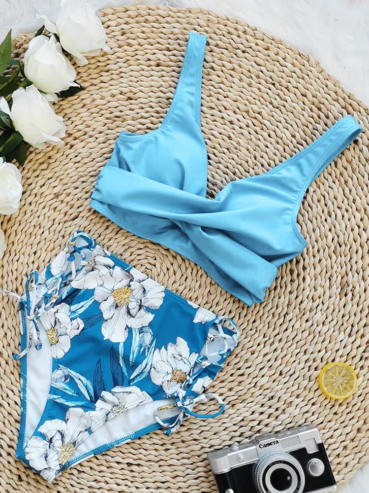 Floral Print V Neck Bikini Sets Tie Back Tie Side Cut Out High Waist High Cut Two Piece Swimsuit Women's Swimwear The Clothing Company Sydney