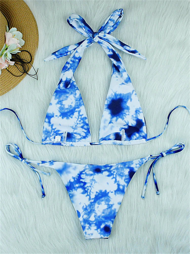Bikini Swimsuit Women Halter Lace Up Swimwear Tie Dye Bikinis Thong Bathing Suit For Female Summer Beach Wear - The Clothing Company Sydney