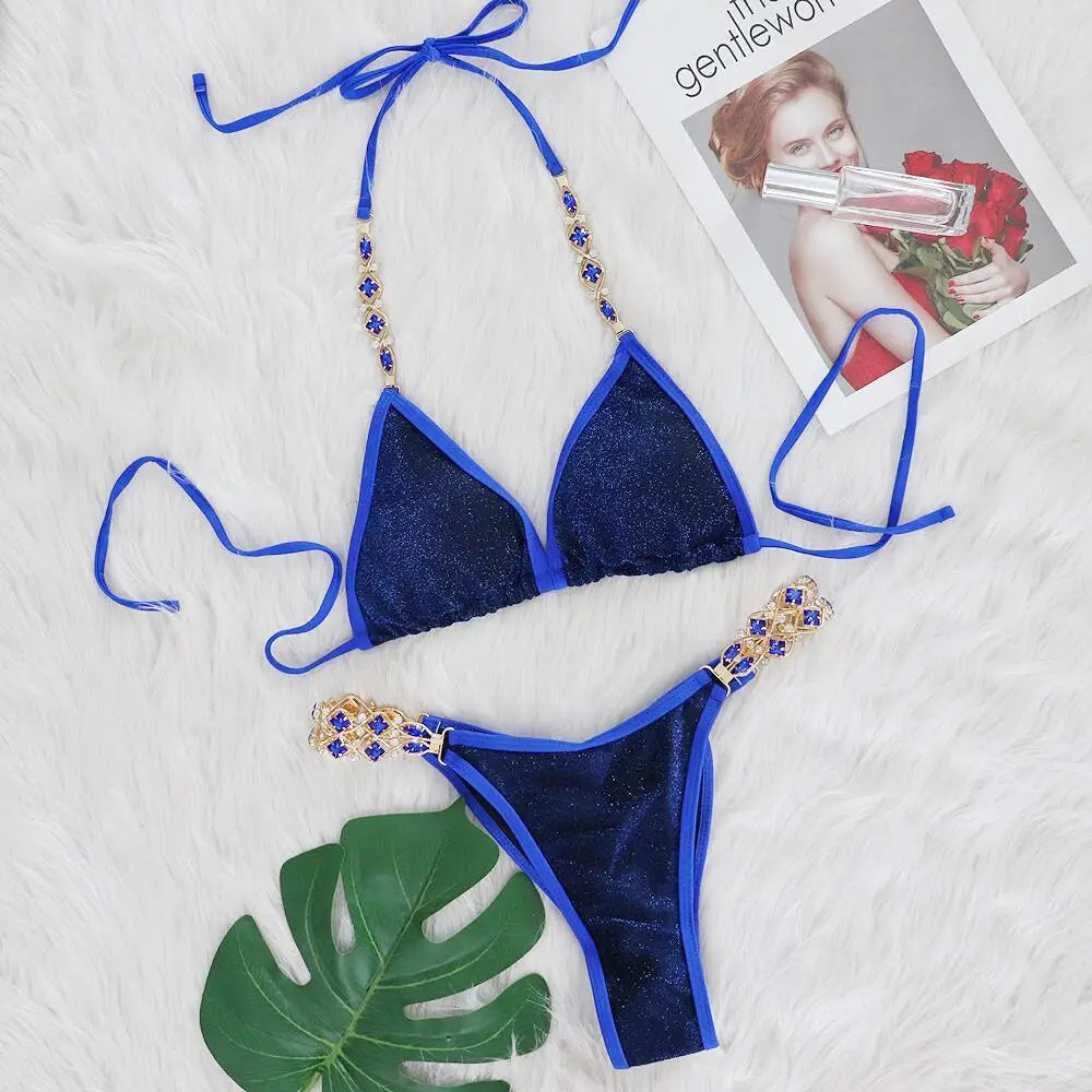 2 Piece Rhinestone Swimsuit Crystal Thong String Bikini Set Swimwear Beach Wear Bathing Suit - The Clothing Company Sydney