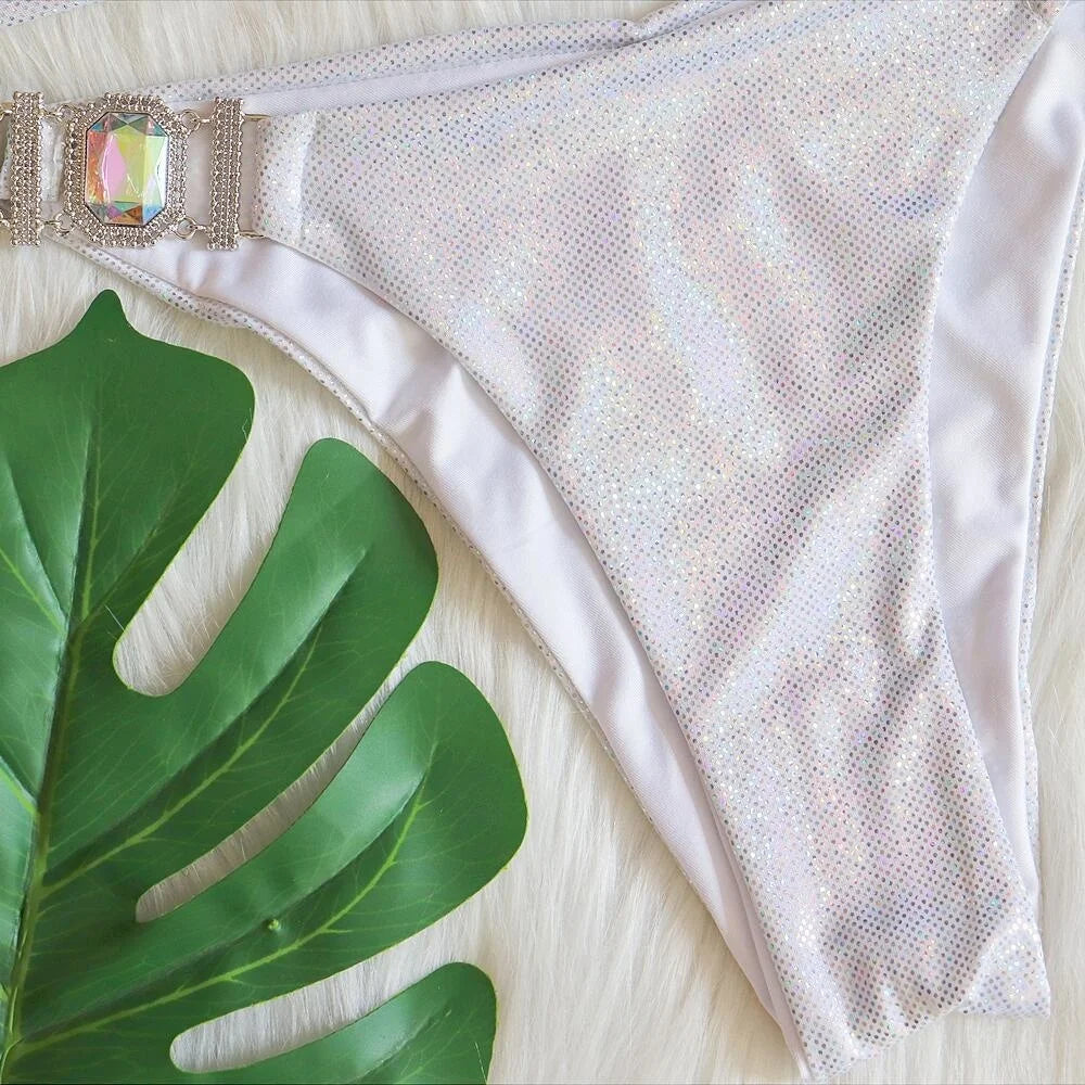 Rhinestone Two 2 Piece Swimsuit Crystal Thong String Bikini Set Women Swimwear Beach Wear Bathing Suit - The Clothing Company Sydney