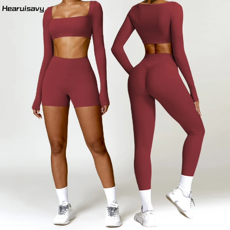 2 Piece Long Sleeve Gym Set Women Yoga Clothes Quick-Drying Sportswear Running Leggings Workout Sports Crop Top Shorts