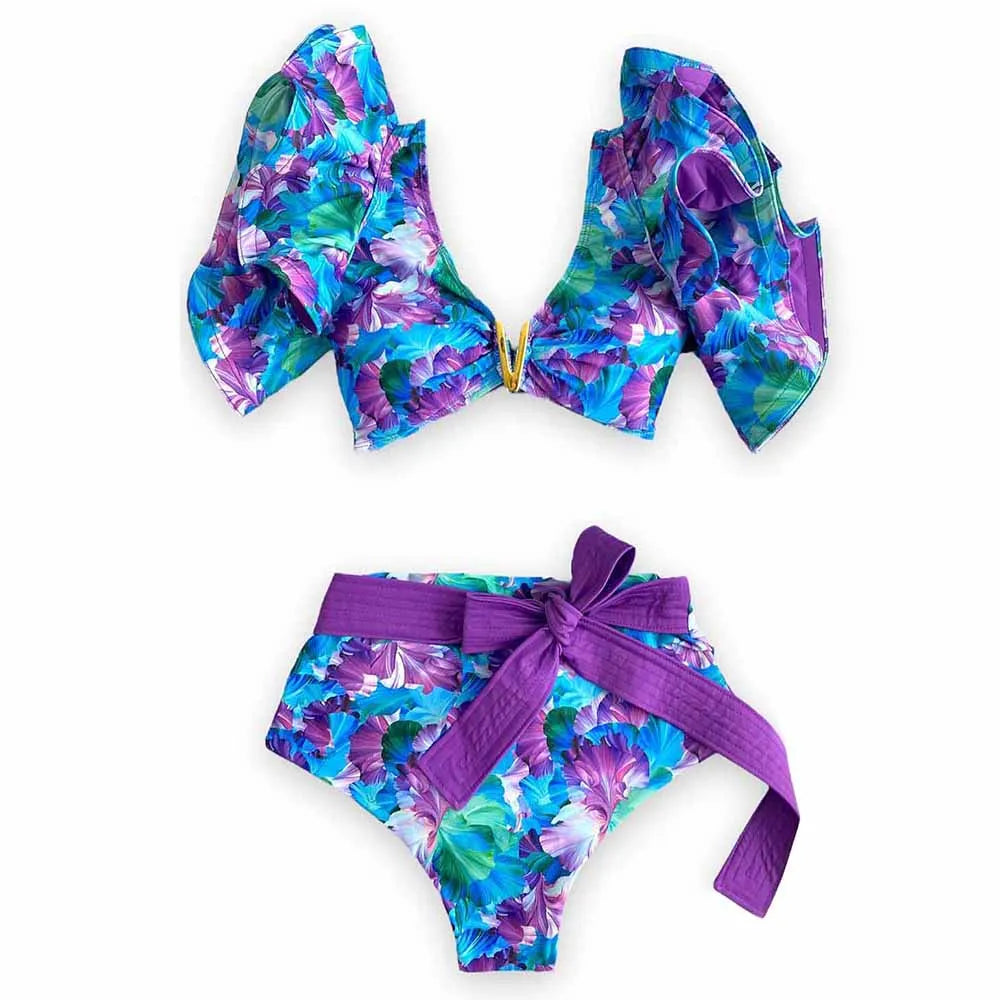 V-Neck High Waist Bikini Sets Shoulder Ruffled Printed Swimsuit Two Piece Swimwear Bathing Suits The Clothing Company Sydney