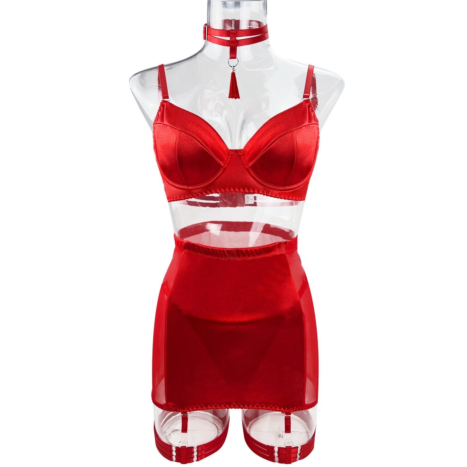 5 Piece Satin Lingerie Underwear Lace Seamless Intimate Skirt Bra And Briefs Outfit Set - The Clothing Company Sydney
