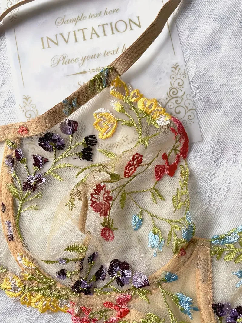 Yimunancy Floral Embroidery Lingerie Set Women Sheer 2-Piece Boho Bra + Panty Underwear Set Intimates The Clothing Company Sydney