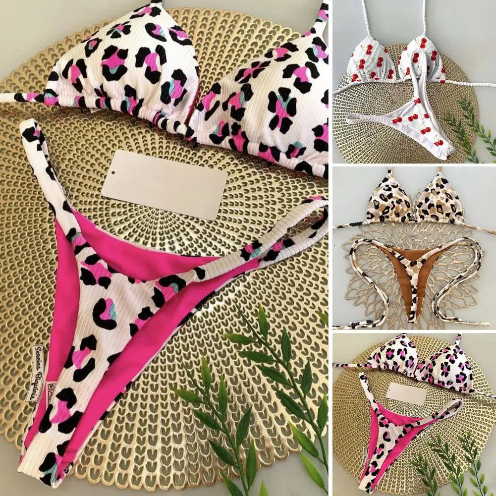 Two Piece Bikini Set Leopard Print Halter Bikini Set Cherry Print Thong Swimsuit High Waist Lace-up Bathing Suit - The Clothing Company Sydney
