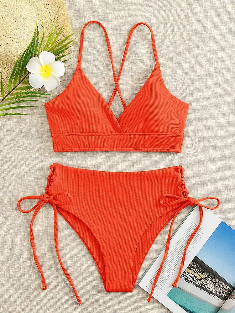 V-Neck Split Bikini Set for Women Swimsuit Lace Up Triangular Beach Swimwear Bathing Suit The Clothing Company Sydney