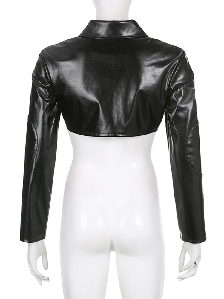 Streetwear Fashion Grunge Zip Up Black PU Leather Jacket Female Letter Embroidery Autumn Coat Motorcycle Jacket Crop Top The Clothing Company Sydney