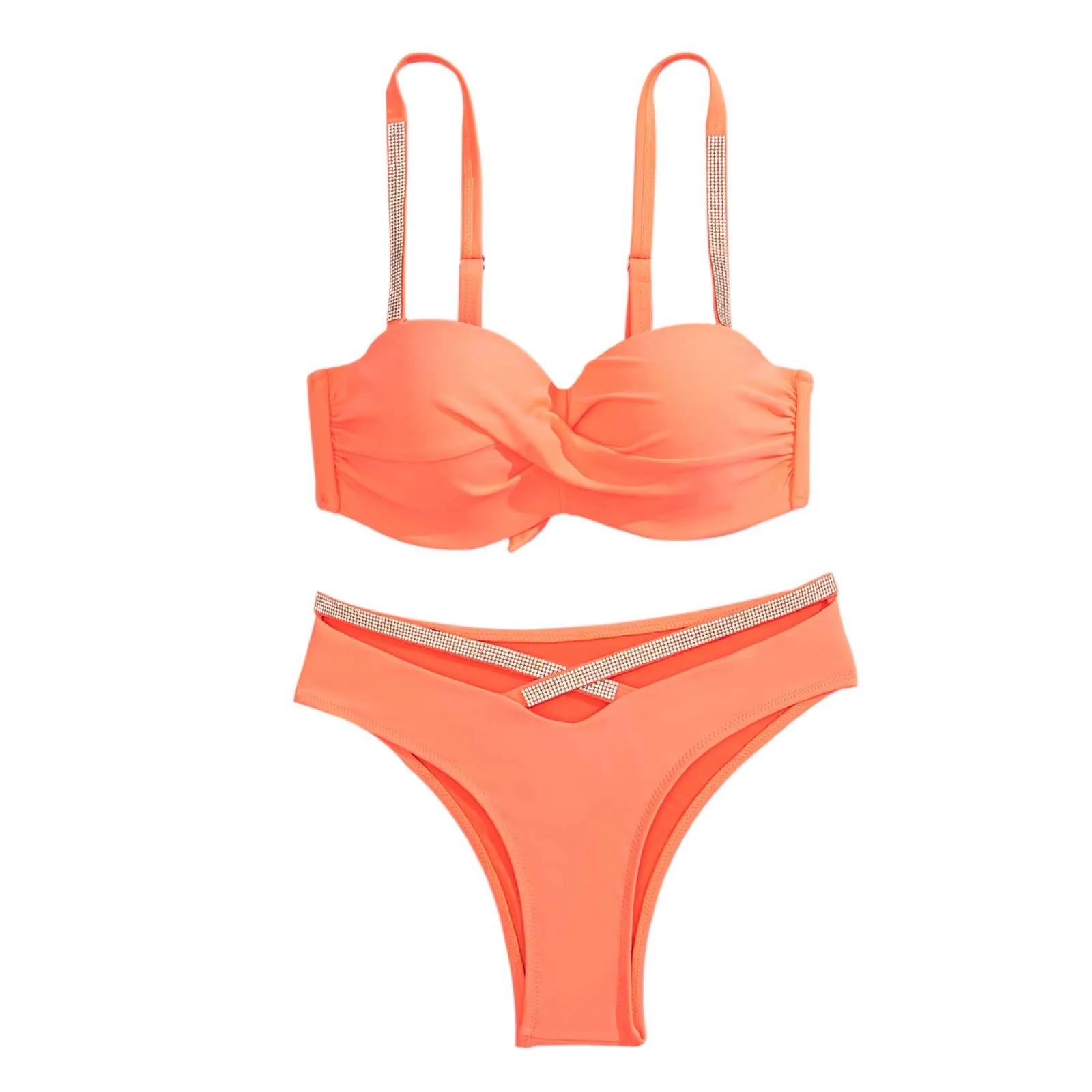 2 Piece Shiny Rhinestone Bikini Double Shoulder Thin Shoulder Straps Push Up Swimwear Pleated Swimsuit - The Clothing Company Sydney