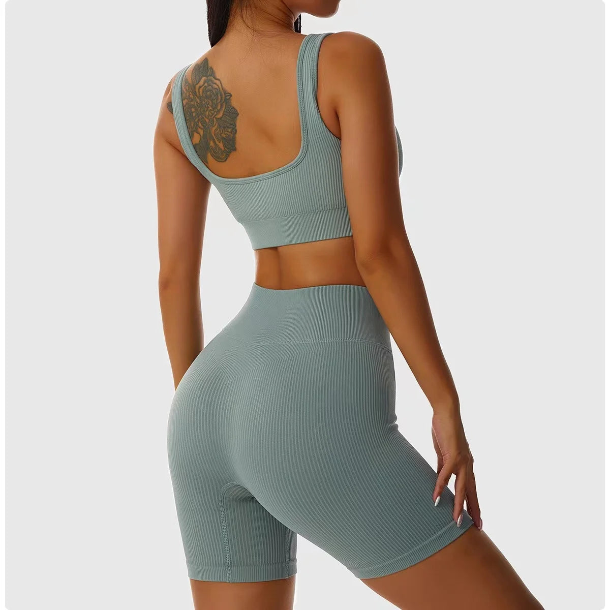 2 Piece Ribbed Yoga Sports Women Seamless Crop Top Bra Shorts Yoga Set Elastic Sportsuit Workout Outfit Fitness Gym Clothes The Clothing Company Sydney