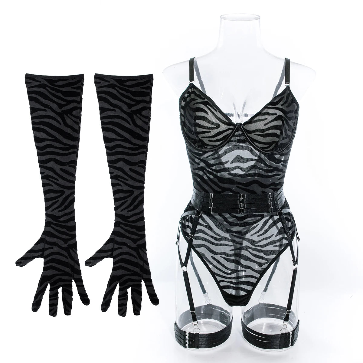 Tight Fitting Lace Bodysuit With Gloves Garter Night Club Outfit Mesh Top Lingerie Set - The Clothing Company Sydney