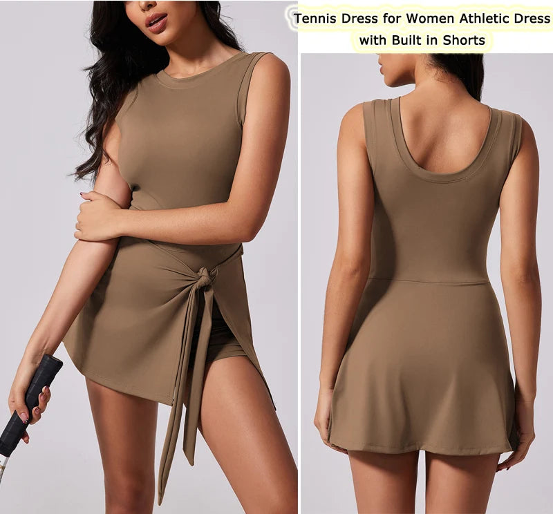 Women's Tennis Dress with Built in Shorts Athletic Dresses Sleeveless Boat Neck Active Workout Skort Dress - The Clothing Company Sydney