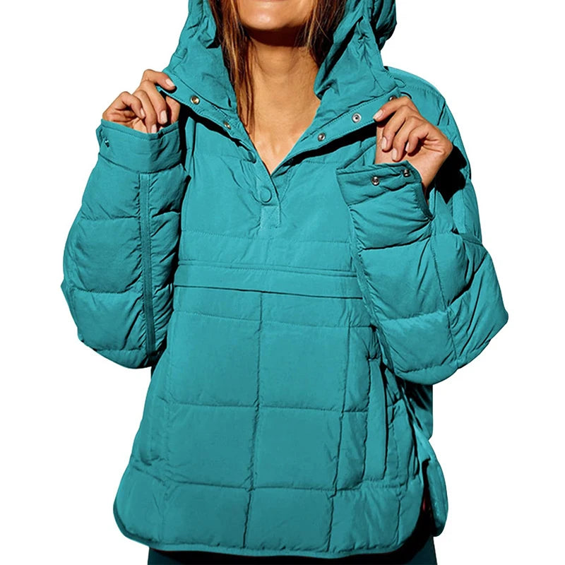 Autumn Winter Padded Jacket For Women Fashion Pockets Long Sleeves Hooded Pullovers Casual Coat - The Clothing Company Sydney