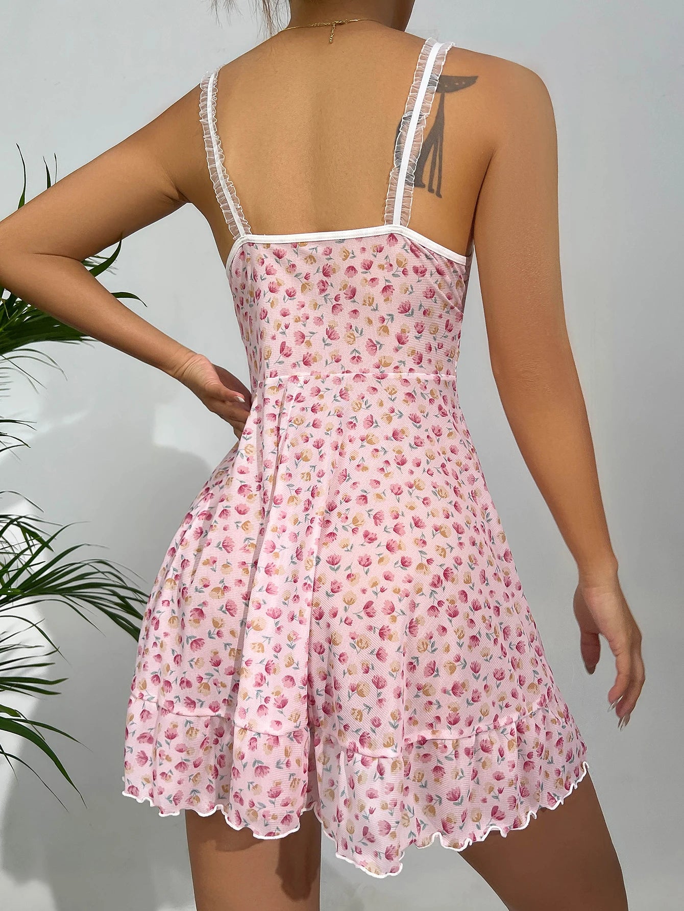 Summer Pink Dress Floral Printed Lace for Women Home V-neck with Strap Camisole Nightdress - The Clothing Company Sydney