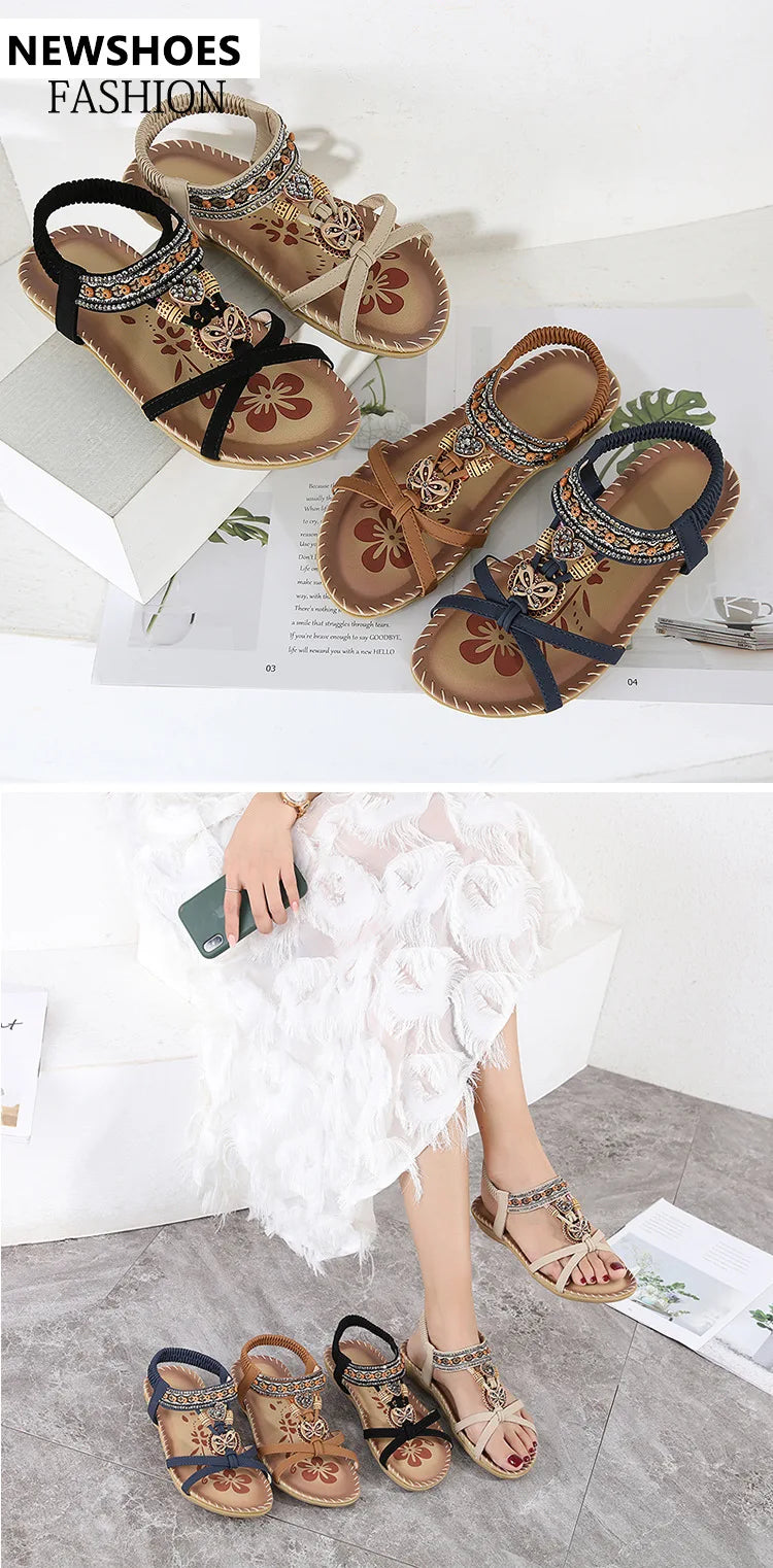 Women Fashion  Flat Flower Rhinestone Open Toe Outdoor Wear Beach Sandals - The Clothing Company Sydney