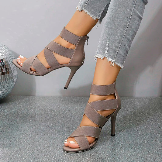 Khaki Beige Thin High Heels Women Summer Elastic Band Dress Party Wedding Shoe Back Zip Gladiator Sandals - The Clothing Company Sydney
