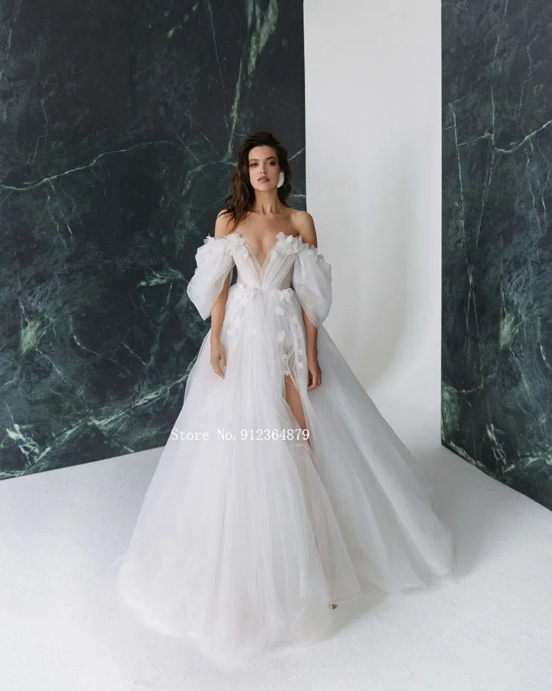 3D Flower with Detachable Sleeves Wedding Gowns Sweetheart Bridal Open Back Appliqued Wedding Dress - The Clothing Company Sydney