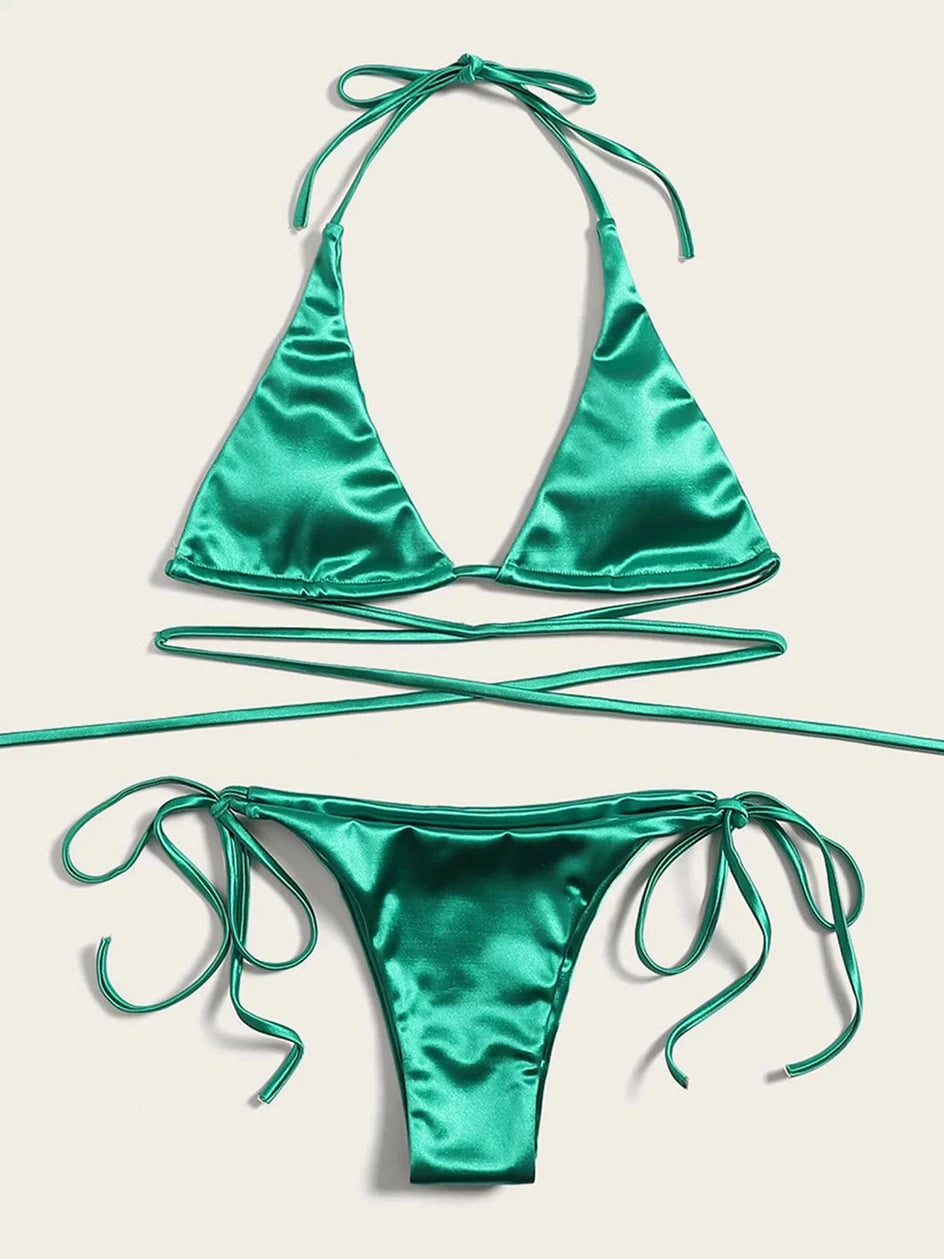 Metallic Halter Triangle Swimsuit Women Swimwear Bathing Suits Brazilian Thong Micro Bikinis Set Beach Wear - The Clothing Company Sydney