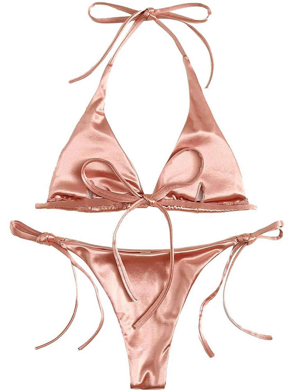 Metallic Halter Triangle Swimsuit Women Swimwear Bathing Suits Brazilian Thong Micro Bikinis Set Beach Wear - The Clothing Company Sydney