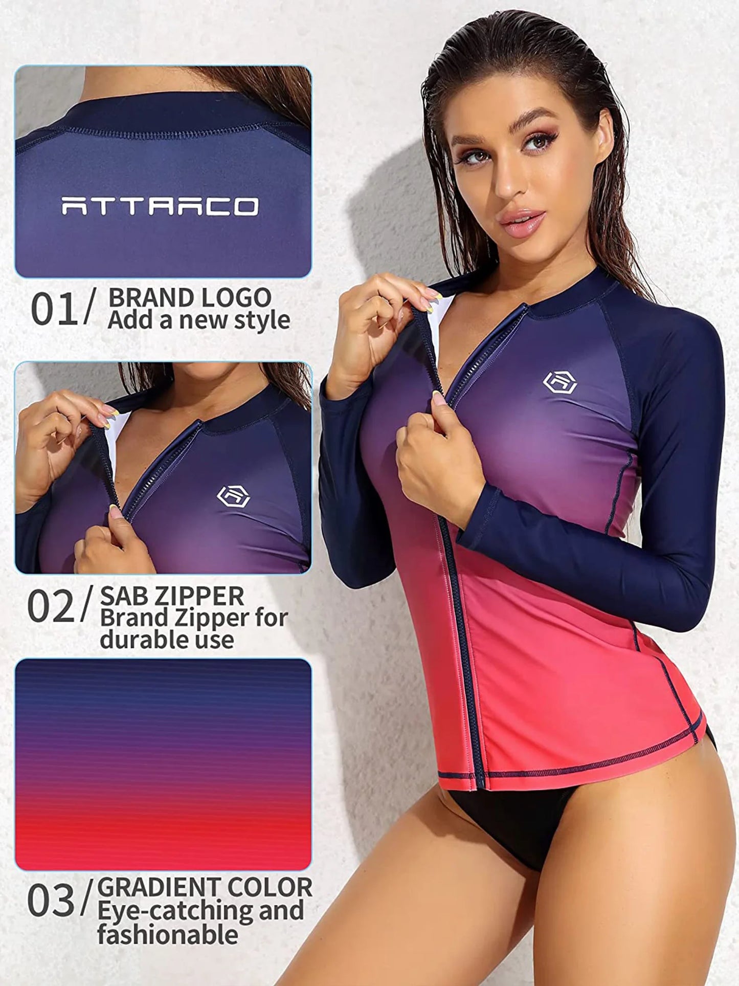 Women's Rash Guard UPF 50+ Crew Neck Long Sleeves Zipper Gradients Color Quick Dry Soft Swimming Surfing Tops - The Clothing Company Sydney