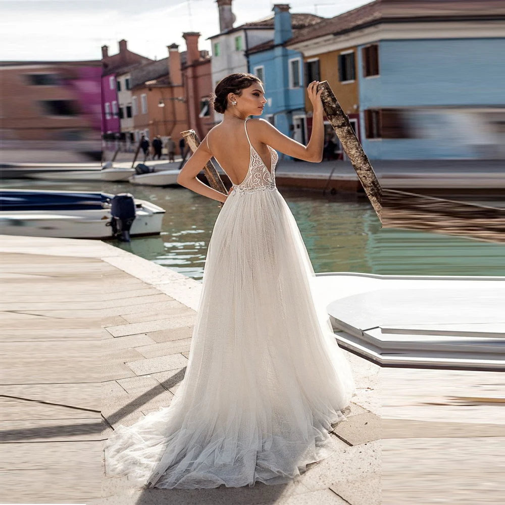 Elegant High Fork Wedding Dresses For Women Sparkling Lace Printing A-Line Bridal Gowns Engagement Party Dress The Clothing Company Sydney