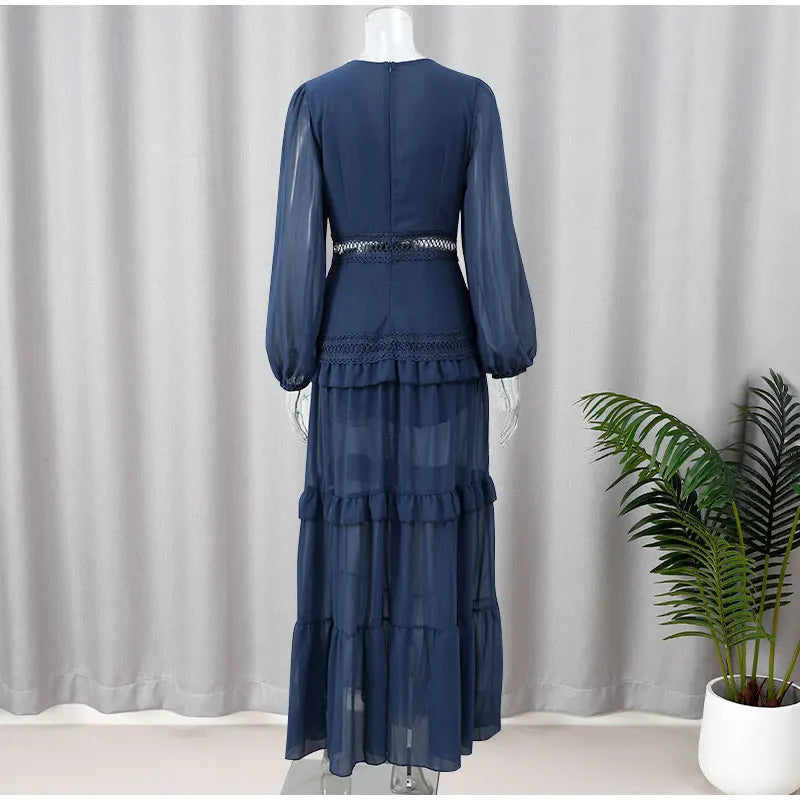 Women V-neck Lantern Long Sleeves Maxi Dress Elegant Patchwork Ruffles Hollow Lace Slim Summer Dress - The Clothing Company Sydney