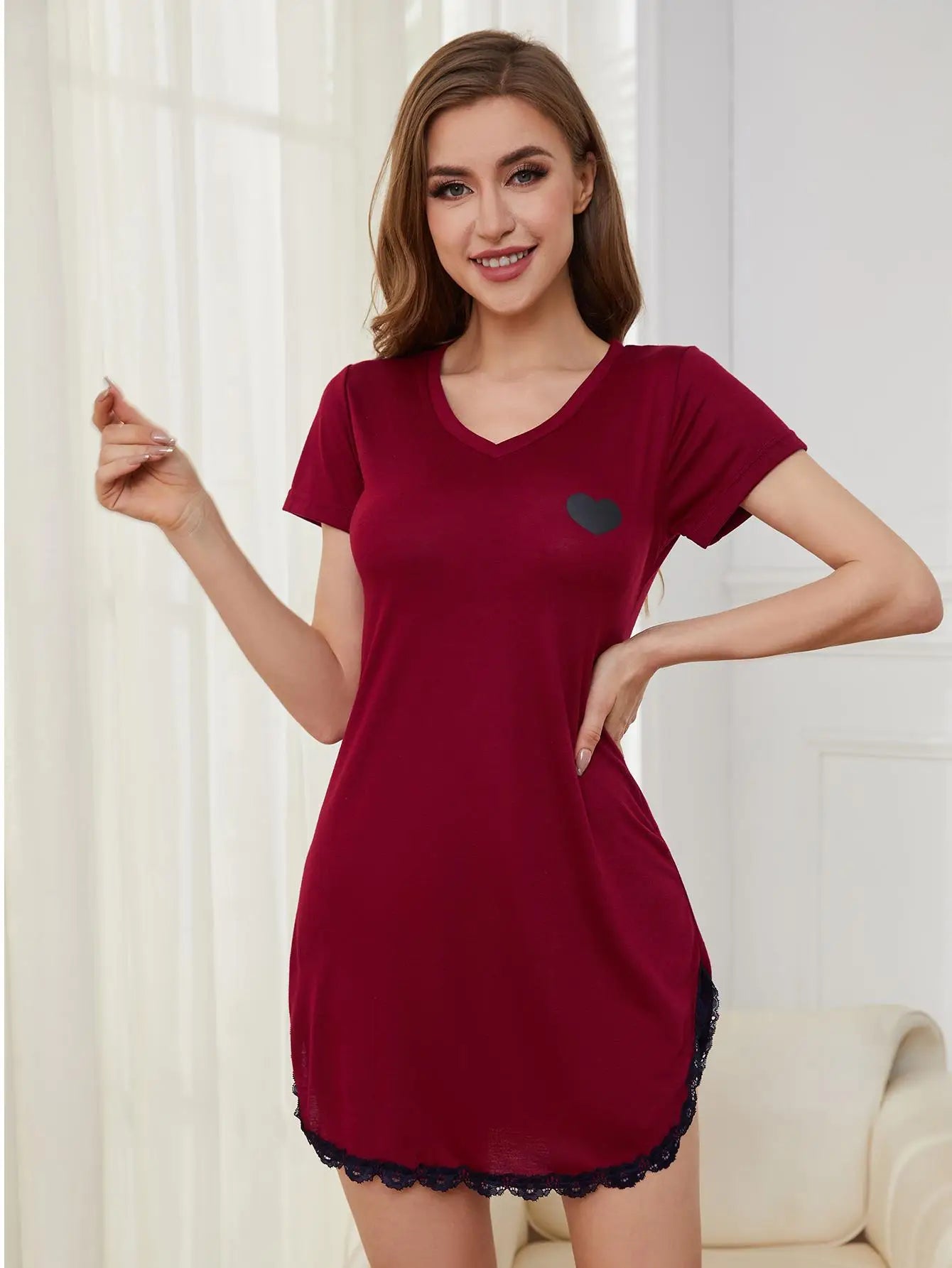 Summer Sleepwear Women Lace Hem Nightdress V-neck Short Sleeve Pajamas Nighties Nightgown Nightwear Side Split Skirt - The Clothing Company Sydney