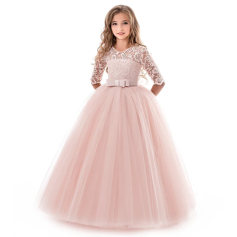 Lace Princess Dress for Girls Long Sleeve Wedding Party Gown Birthday Children Tulle Dress Teenage Formal Long Dress - The Clothing Company Sydney