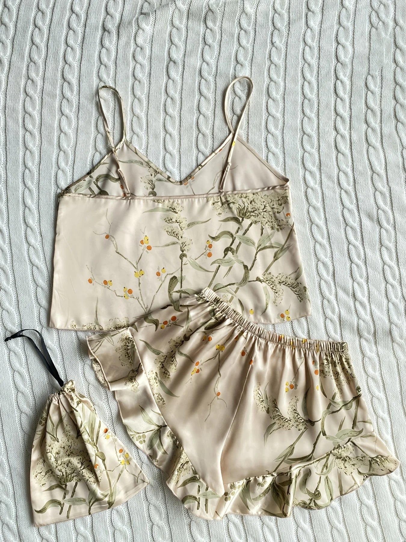 Women's Floral Cami Pyjama Set with Matching Bag – Ruffle Hem Shorts Sleepwear - The Clothing Company Sydney