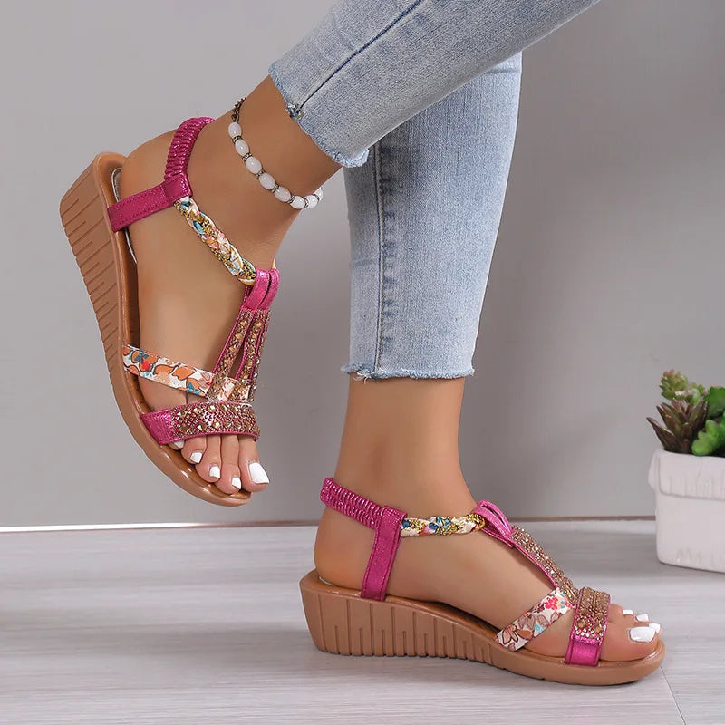 Women's Wedge Summer Shoes Rhinestones Elastic Platform Peep Toe Outdoor Sandals - The Clothing Company Sydney