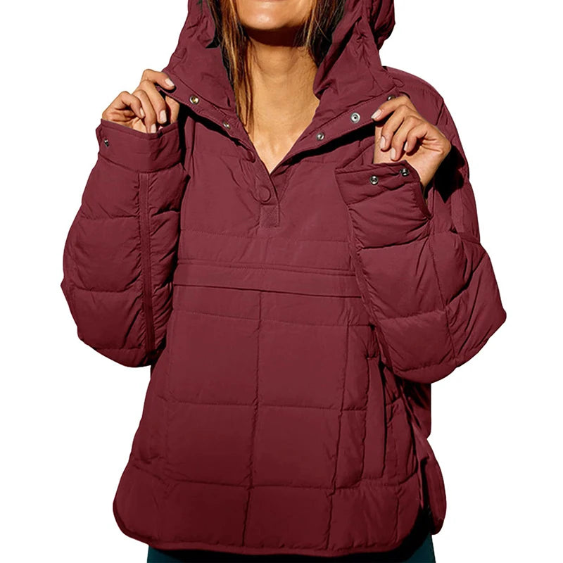 Autumn Winter Padded Jacket For Women Fashion Pockets Long Sleeves Hooded Pullovers Casual Coat - The Clothing Company Sydney