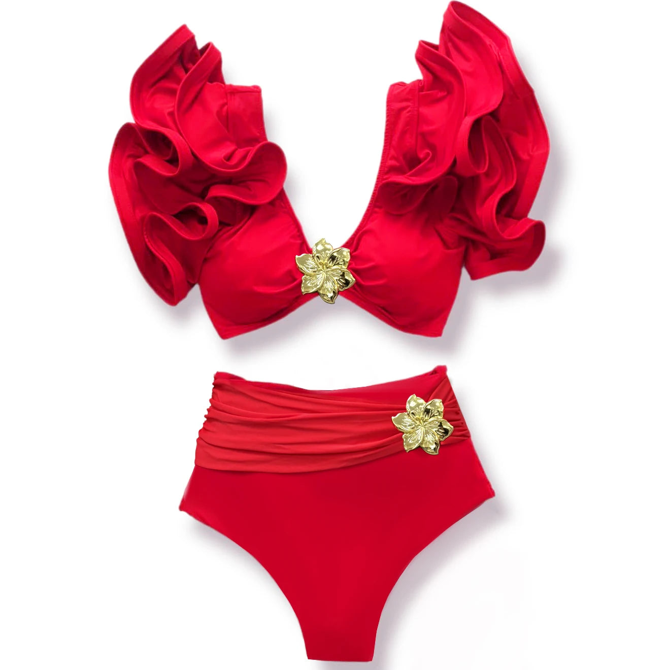 V-Neck High Waist Bikini Sets Shoulder Ruffled Printed Swimsuit Two Piece Swimwear Bathing Suits The Clothing Company Sydney