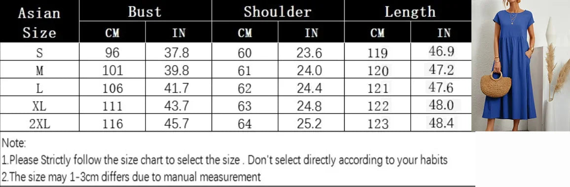 Women's Elegant Dress Summer Short Sleeve O-Neck Vintage Cotton Linen Comfortable Loose Pocket Long Dress - The Clothing Company Sydney