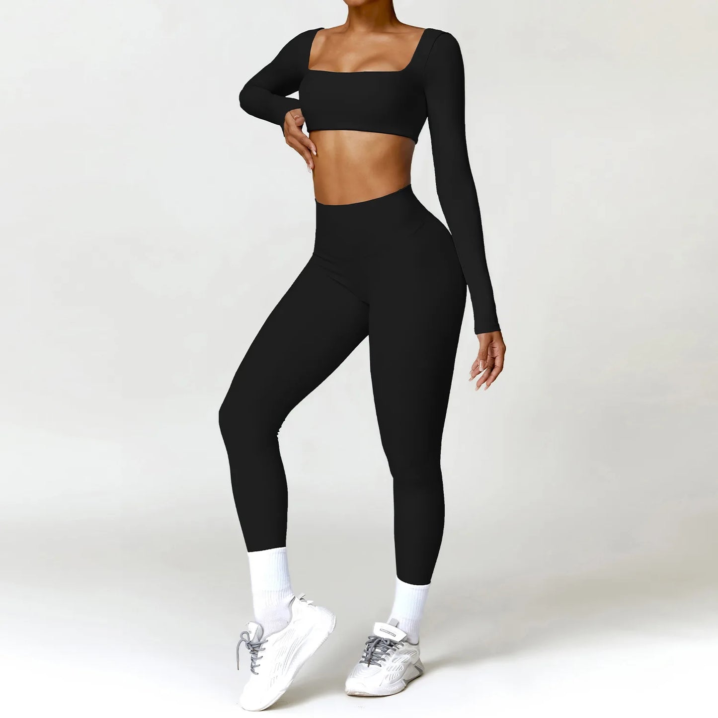 2 Piece Long Sleeve Gym Set Women Yoga Clothes Quick-Drying Sportswear Running Leggings Workout Sports Crop Top Shorts