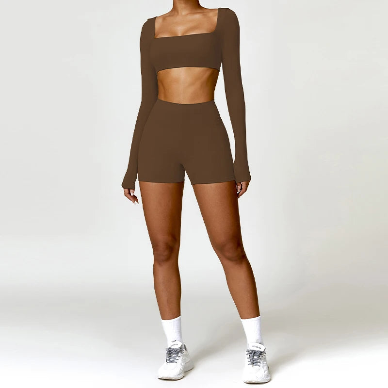 2 Piece Long Sleeve Gym Set Women Yoga Clothes Quick-Drying Sportswear Running Leggings Workout Sports Crop Top Shorts