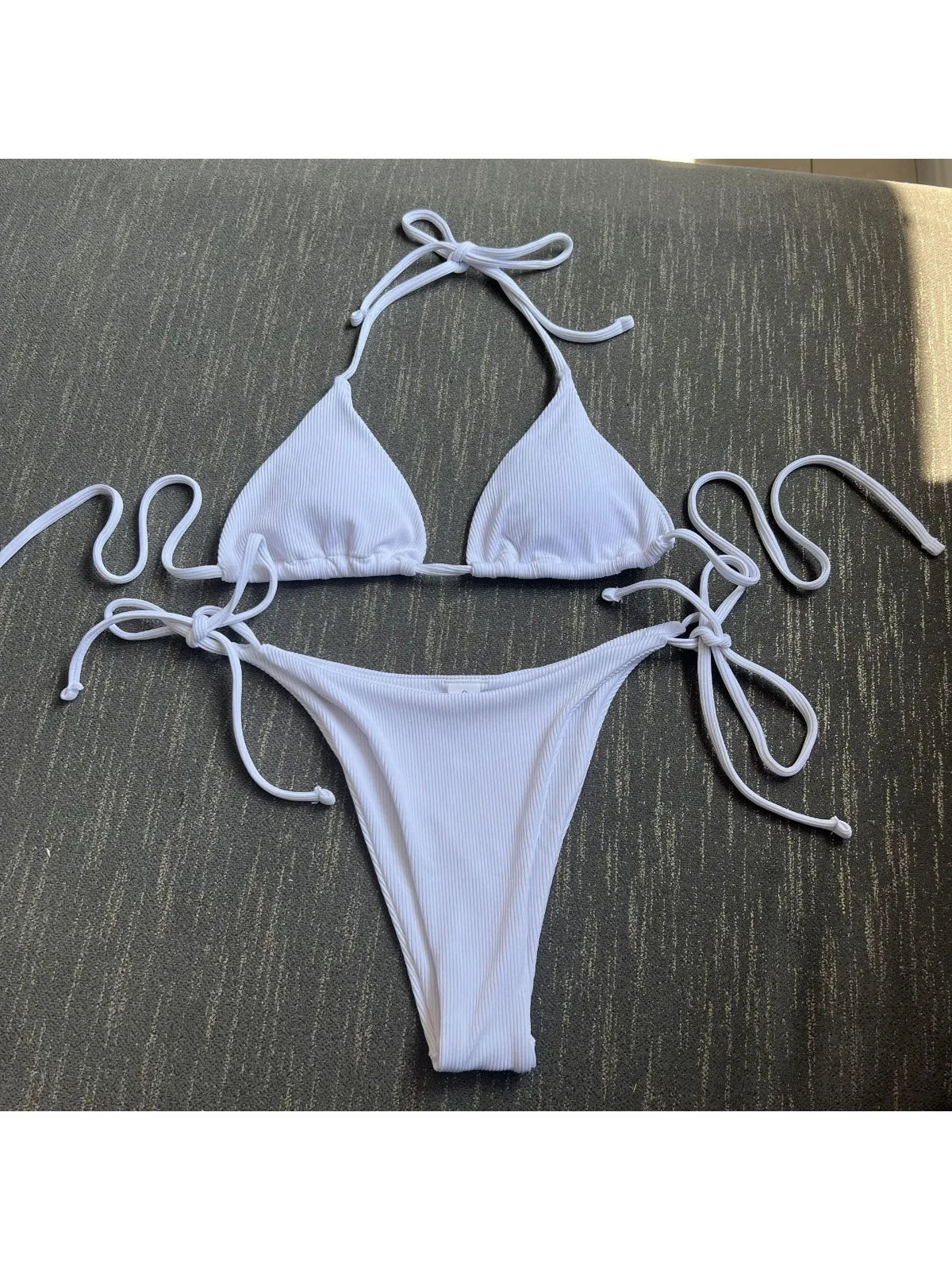 2 Piece Bathing Suit Ribbed Backless Pads Women Bikini Set Halter Triangle Bra Side Tie Thong Swimwear Set - The Clothing Company Sydney