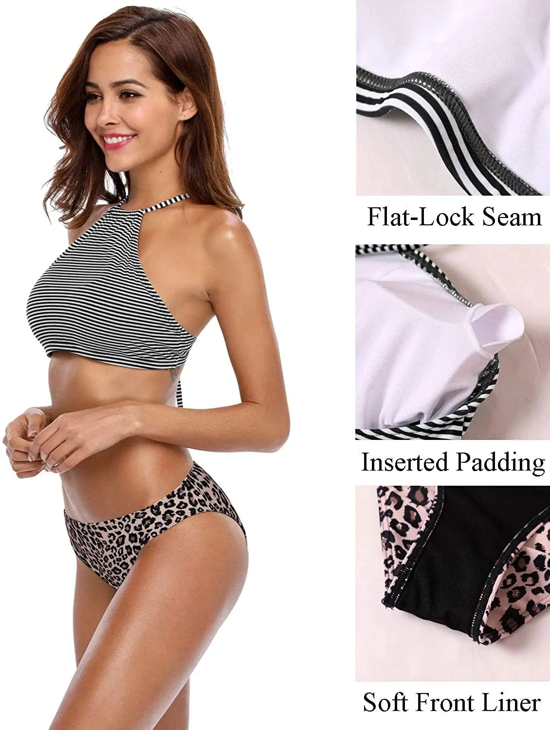 Women's Striped Bikini Set High Neck Swimsuit Vintage Floral Swimwear Strappy Bathing Suit Padded Beachwear - The Clothing Company Sydney